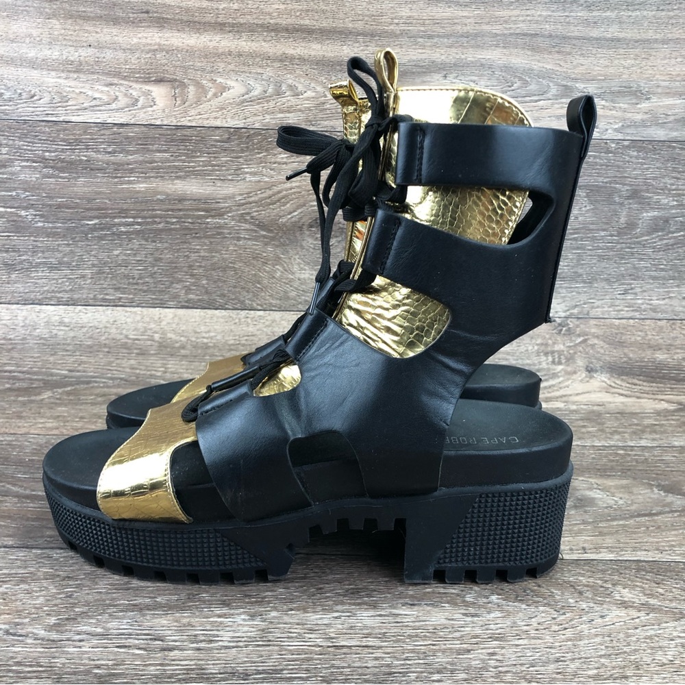 Cape Robbin Black and Gold Gladiator Platform Sandal Booties